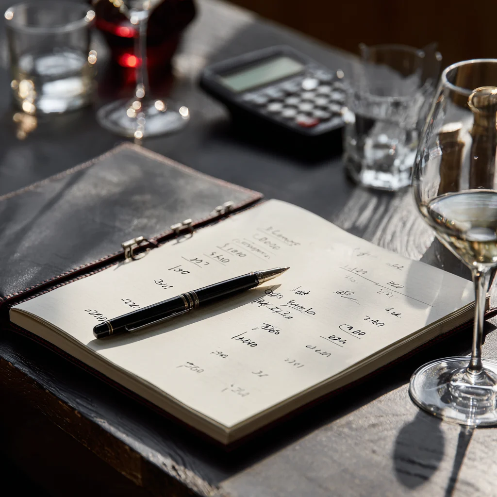 Une carte des vins ouverte sur une table de travail, à côté d'une calculatrice